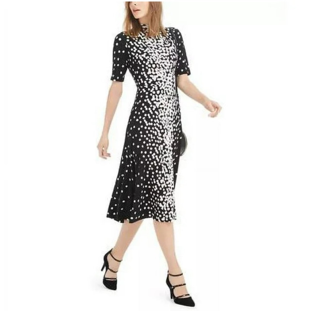 ALFANI DOT-PRINT TIE-NECK DRESS BLACK AND WHITE, SIZE XSMALL
